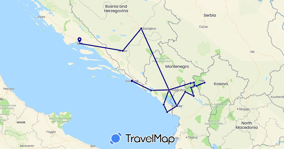 TravelMap itinerary: driving in Albania, Bosnia and Herzegovina, Croatia, Montenegro, Kosovo (Europe)